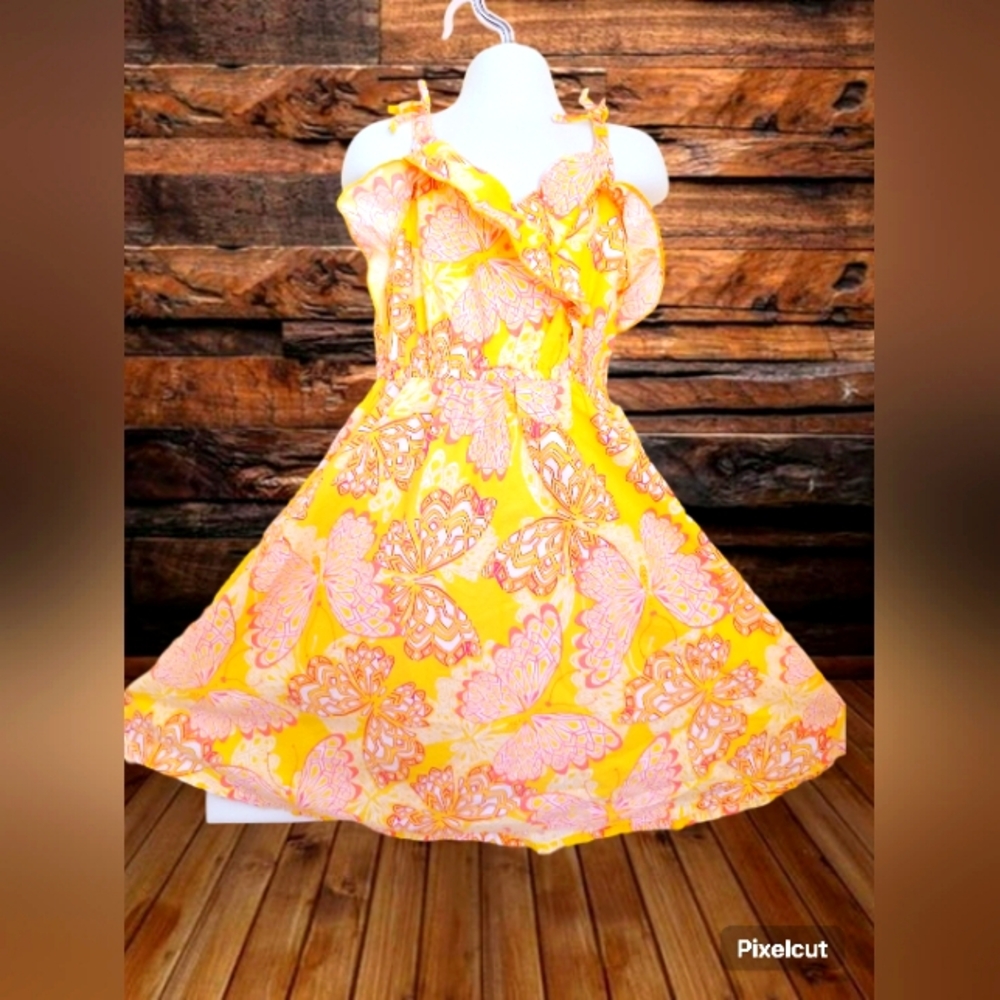 HART STREET M 7-8 Fresh and soft yellow sleeveless butterfly Girl dress, A-B01.